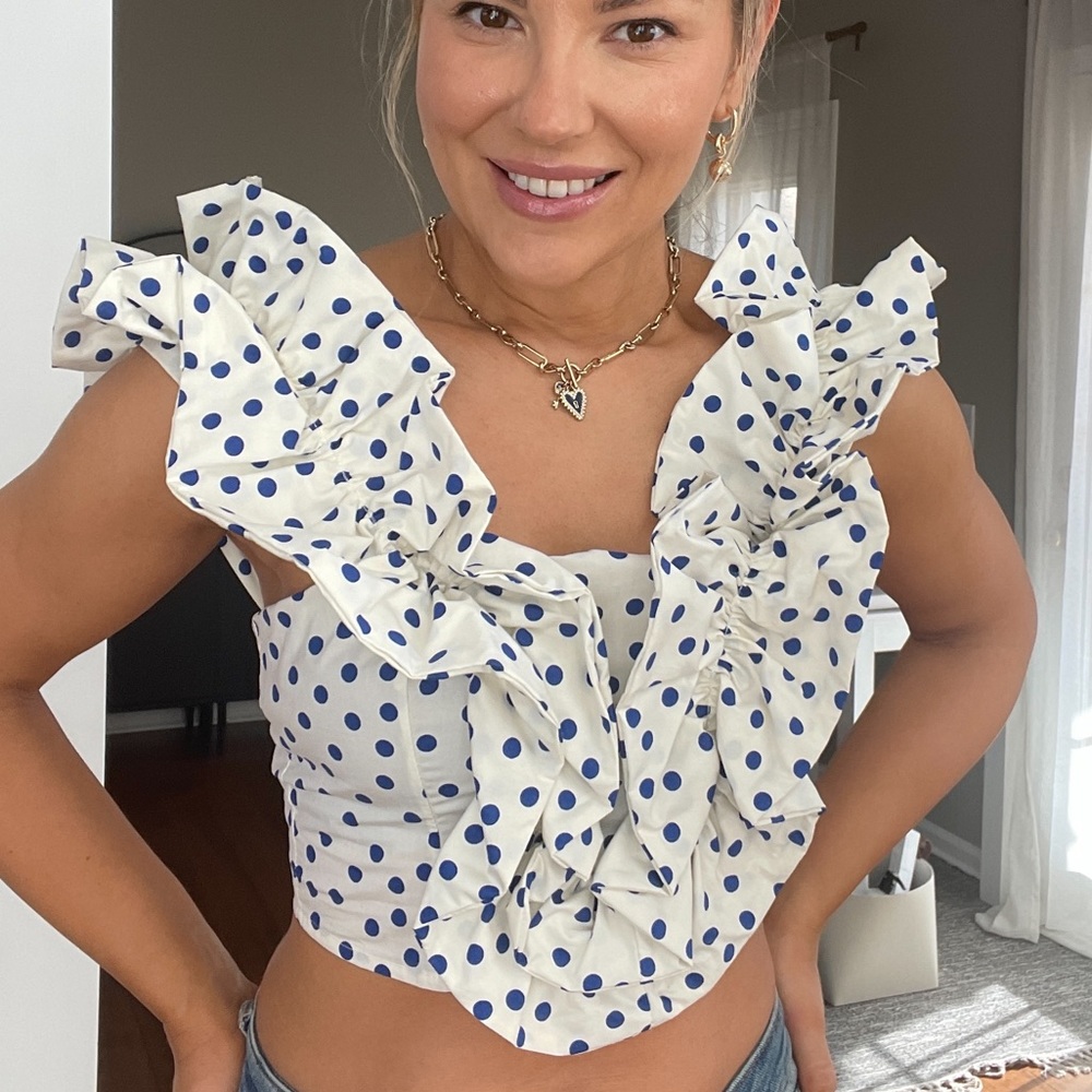 Blue polka dot crop top with ruffle sleeves